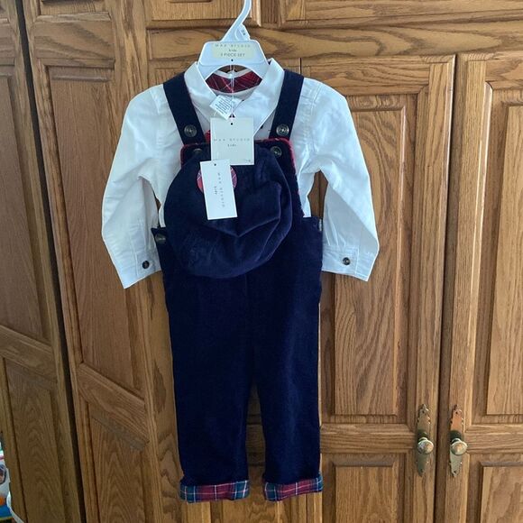 Max Studio Boys 3 pieces set Navy Corduroy Overalls White Shirt and Cap - Picture 1 of 11